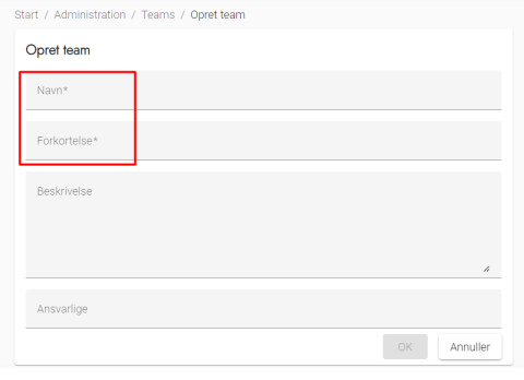 Administration - teams - opret team - felter